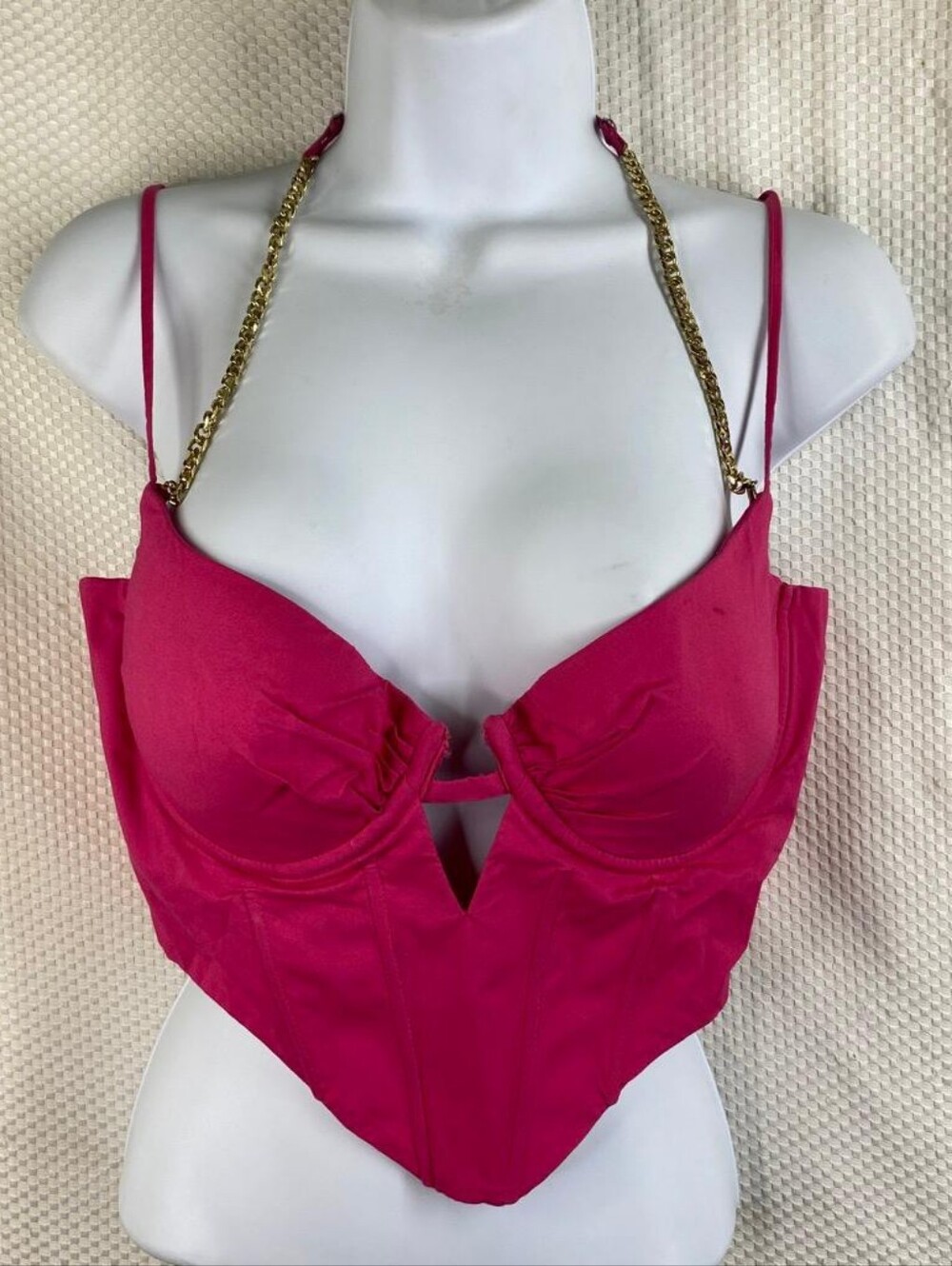 ): Oh Polly Hot Pink Bustier Corset Top Gold Chain Halter Size 8